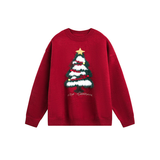 Plush Christmas Tree Red Round Neck Sweater